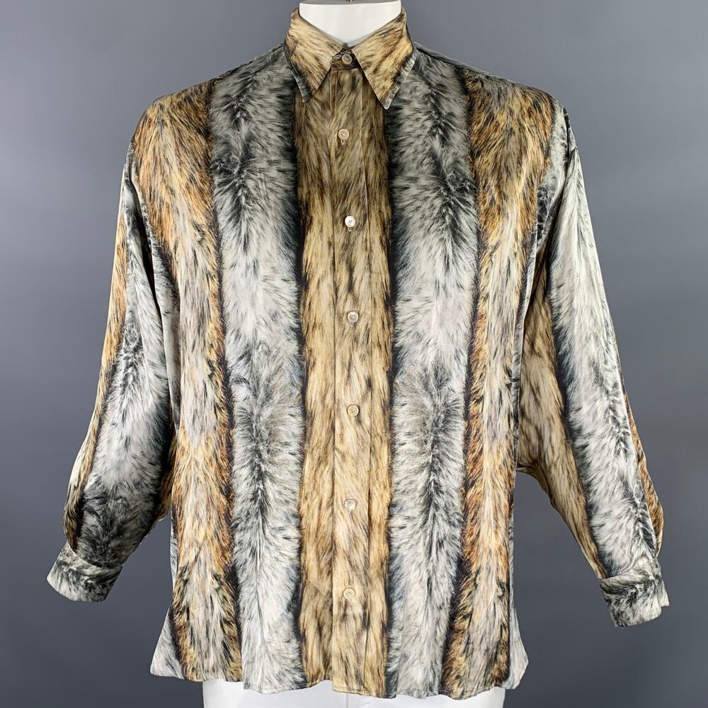 ACNE STUDIOS Size L Tan Black & Grey Animal Print Viscose Long Sleeve Shirt